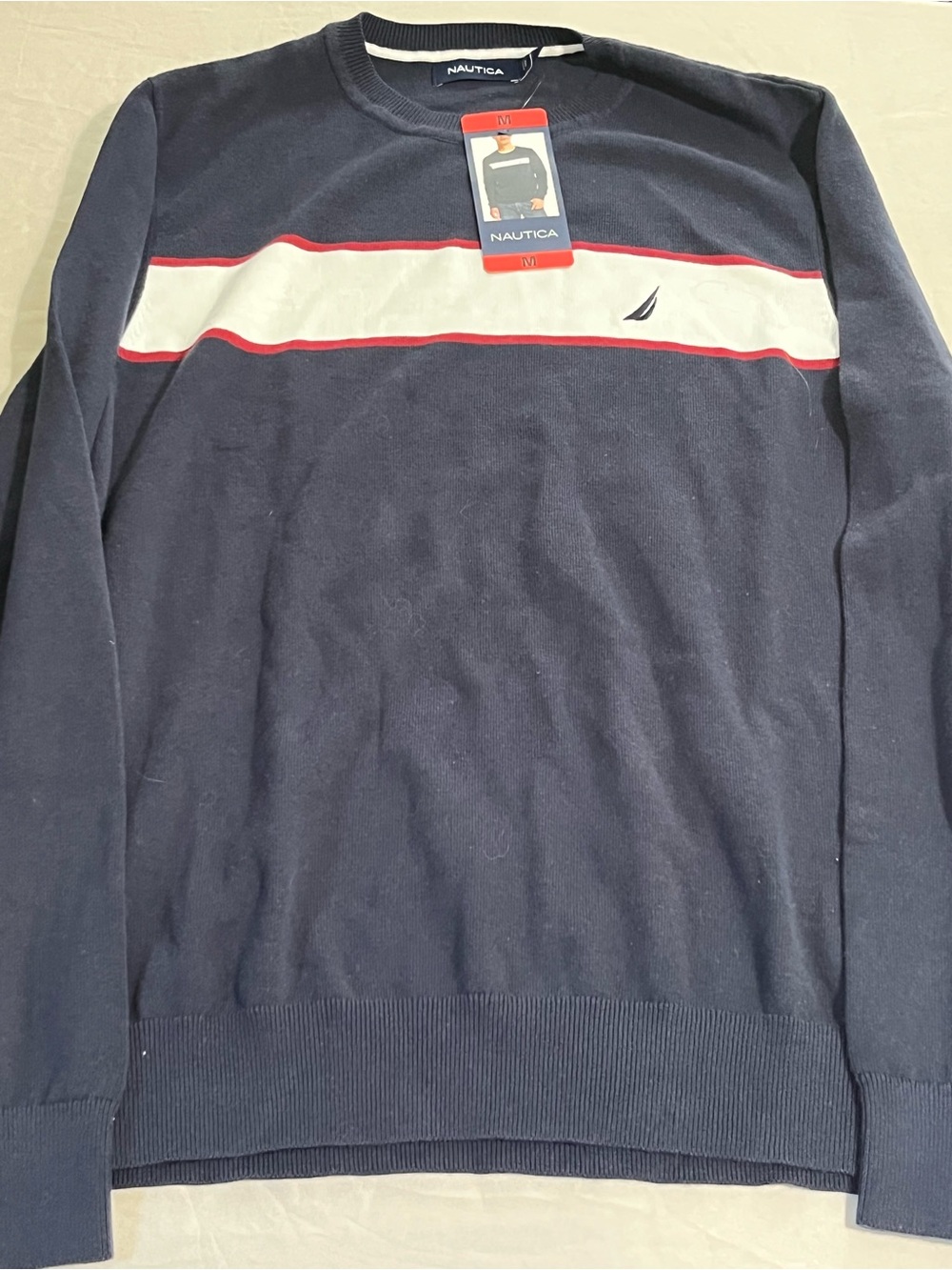 Nautica Men’s Navy Crewneck Sweater with White Stripe and Red Trim Size M NWT